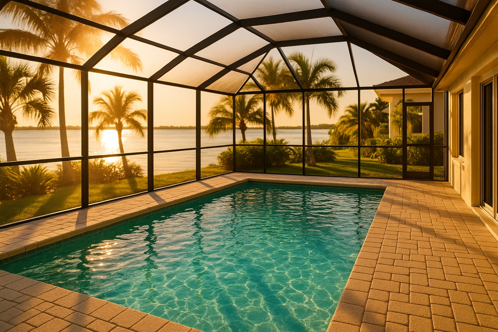 A clean, screen-enclosed pool at a The Village waterfront home