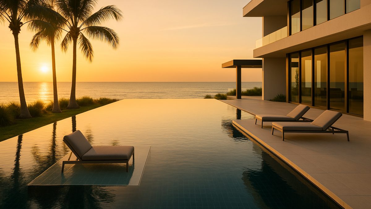 A luxury modern infinity-edge pool overlooking the Gulf at a Longboat Key estate at sunset